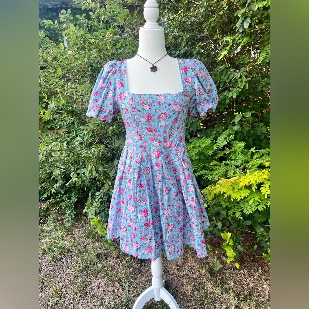 MABLE Blue Floral Dress with Pink Accents